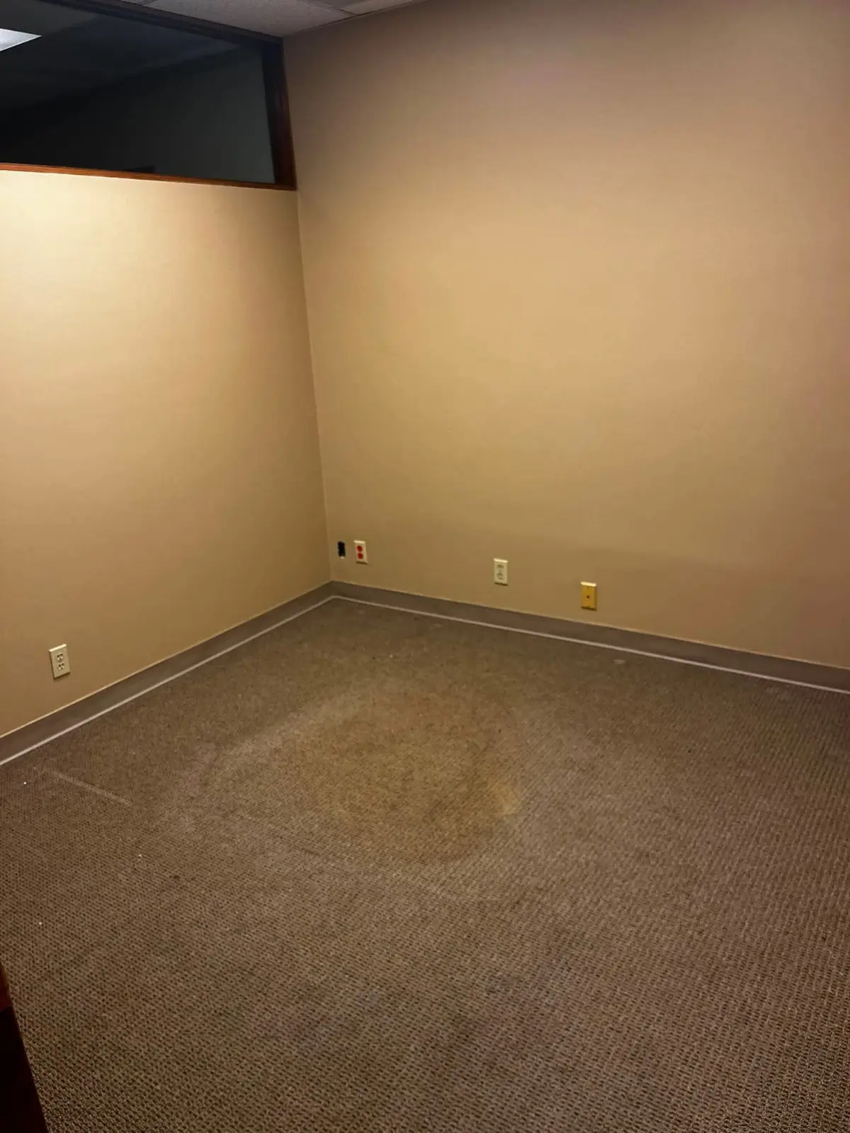 The same space with the cubicle and desks gone, cleared to the carpet