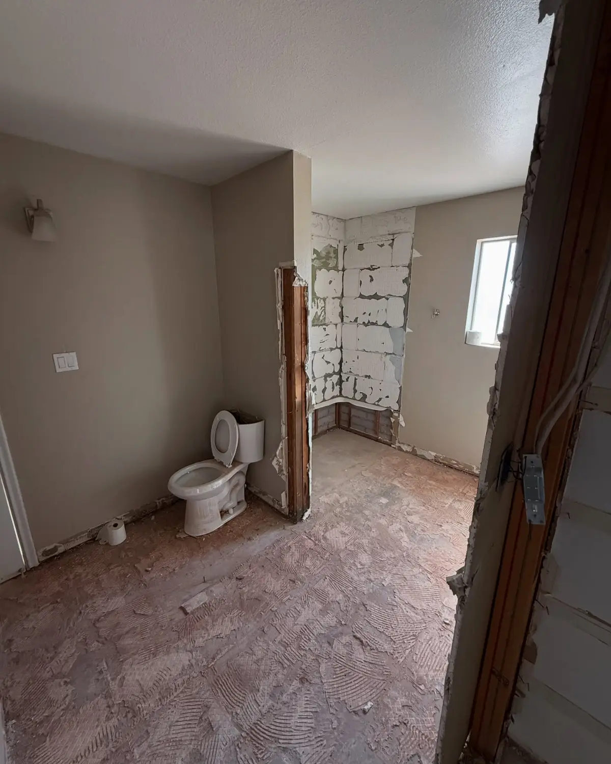 The same Mesa bathroom cleared to the bare floor; the toilet and the stripped shower walls remain for the next trade