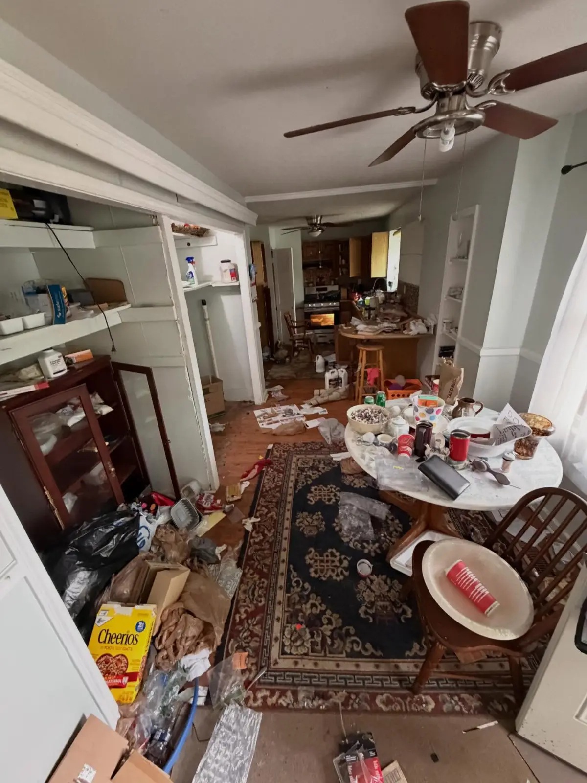 Dining room in a Mesa home before a hoarding cleanout, with a table and chairs, a china cabinet, an area rug, and boxes, bags, dishes, and packaged goods covering the floor and the built-in shelving