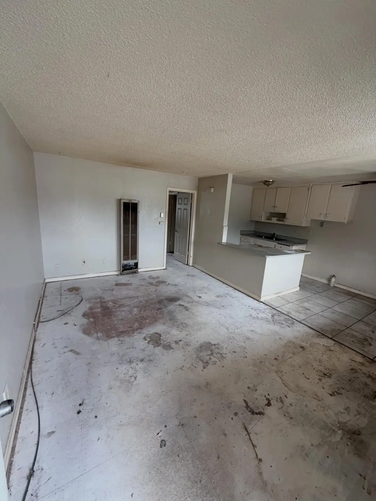 The same Mesa living room and kitchen cleared, with the counter and cabinets empty