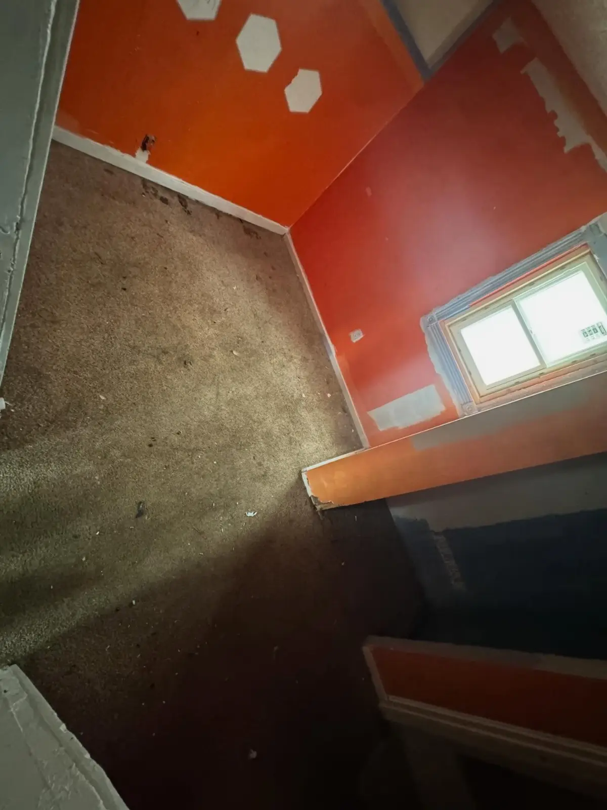 Worn carpet in a small orange-walled bedroom in a Phoenix home before removal
