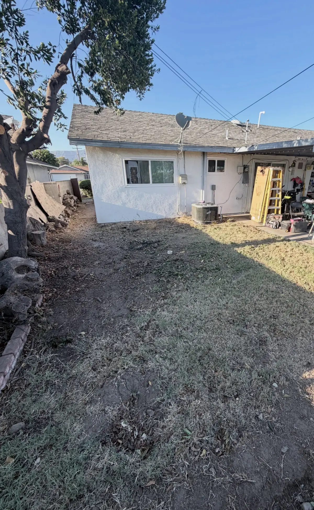 The same Phoenix backyard lawn raked clear beside the house